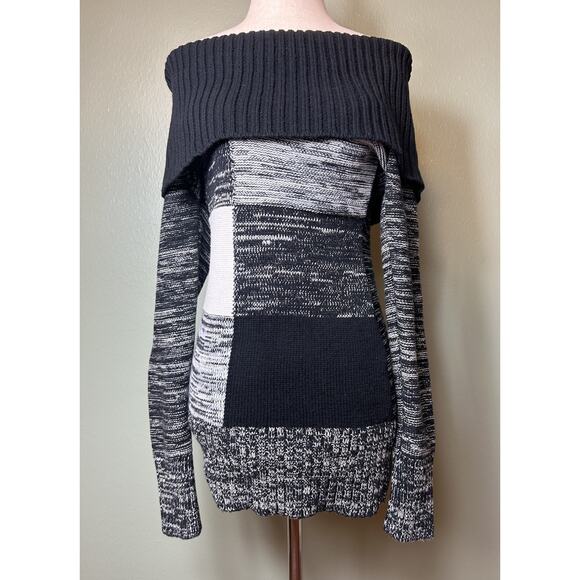 Y2K Cache Foldover Off Shoulder Medium Striped Colorblock Knit Tunic Sweater - Picture 2 of 8